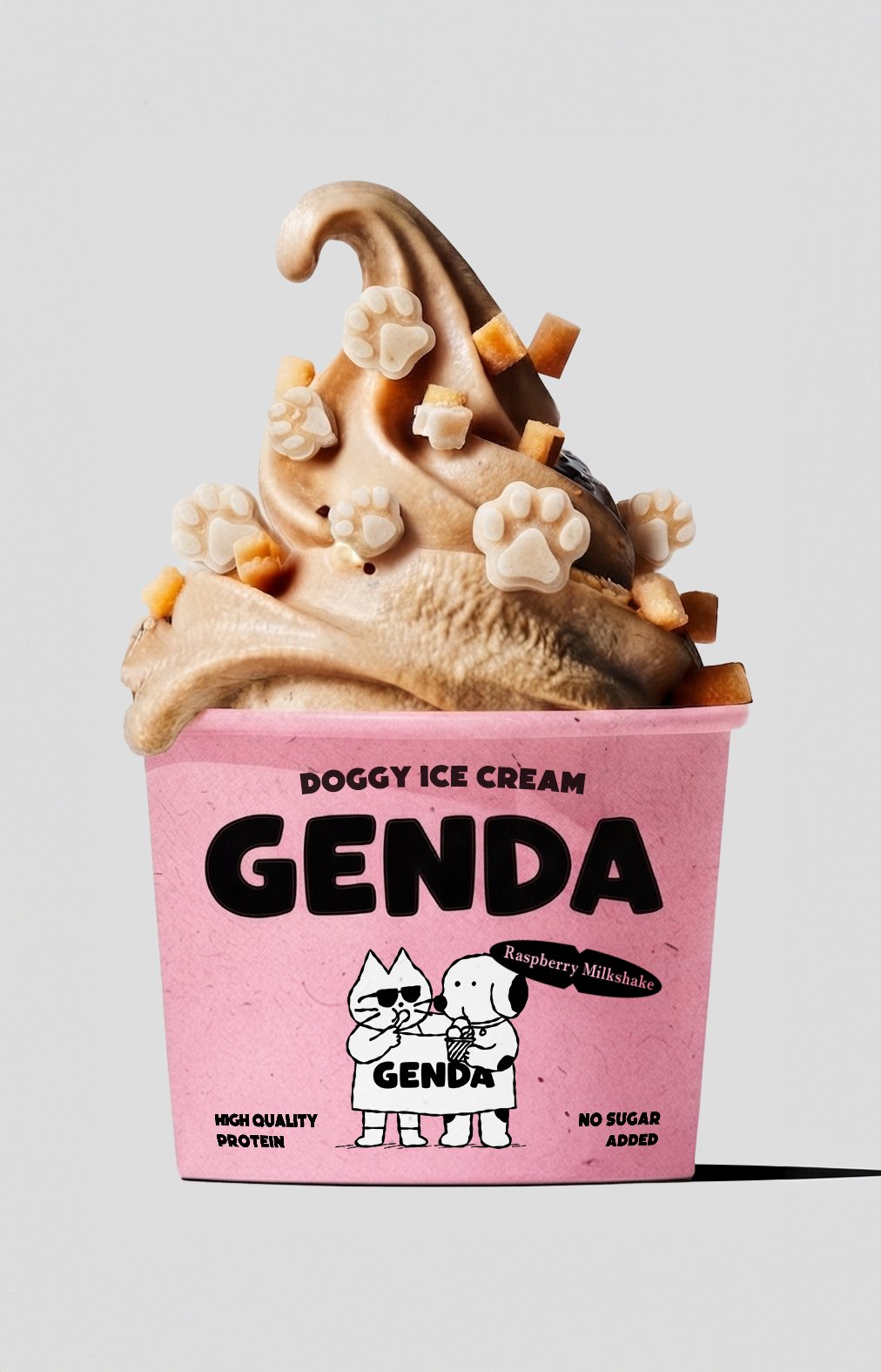 Pink cup of dog-themed ice cream with paw print and bone-shaped toppings, labeled Genda Raspberry Milkshake, featuring a cartoon dog and cat holding ice cream, promoting high protein and no sugar added.