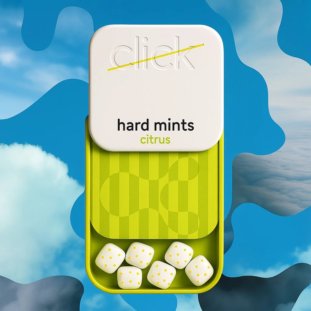 Open Click Hard Mints tin with white mints inside
