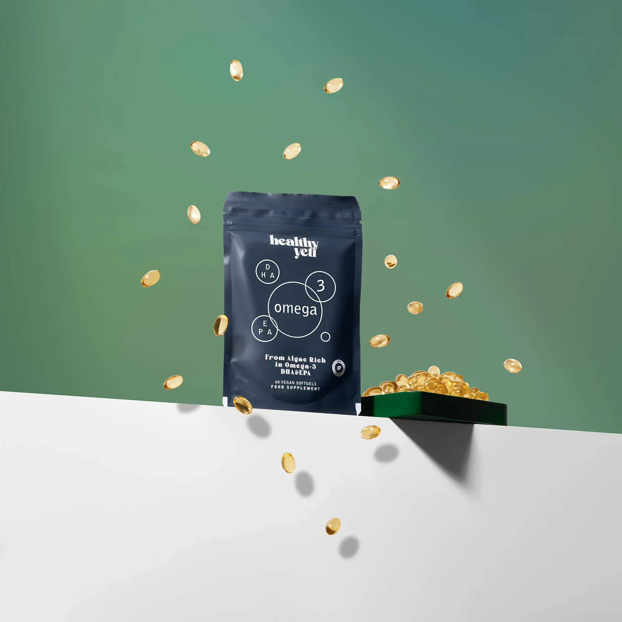 Vegan omega-3 supplement capsules packaging design