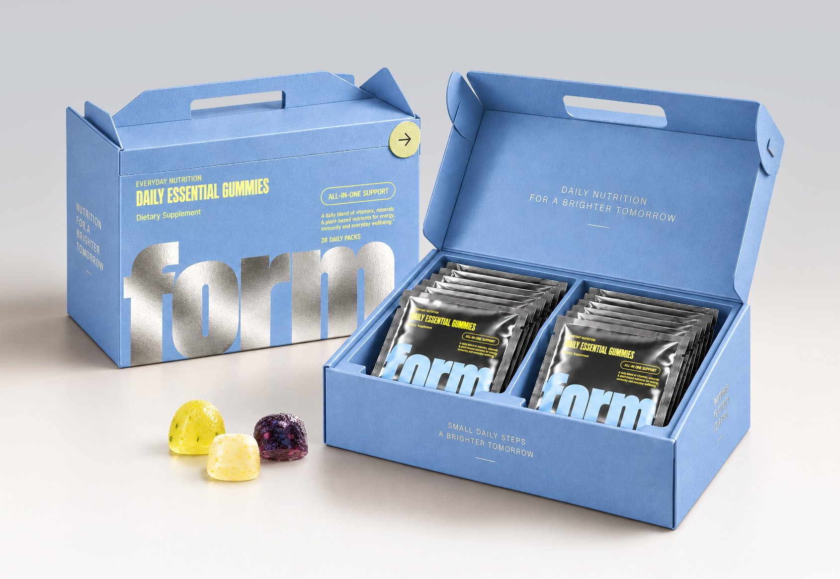 FORM daily essential gummy supplement branding and packaging system