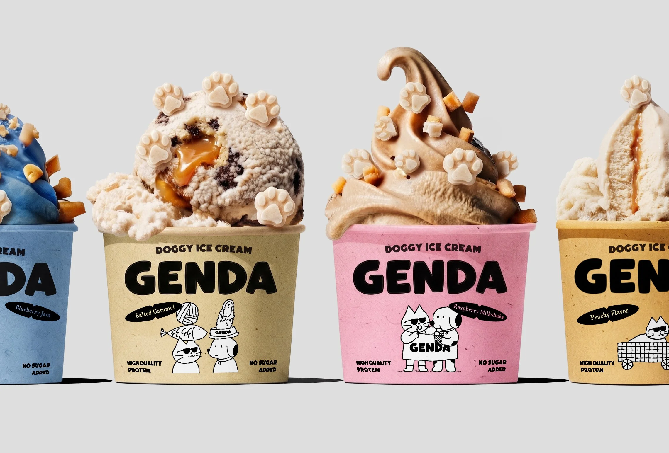 Four containers of ice cream labeled with different flavors and characters at the bottom, decorated with paw print sprinkles.