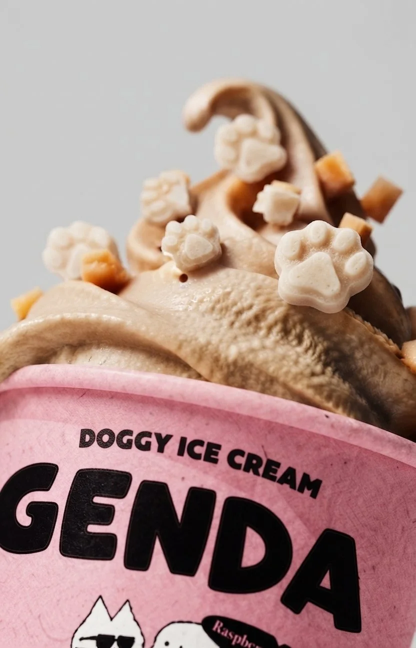 Close-up of a container of Genda doggy ice cream with swirled ice cream topped with paw-shaped and other small toppings.
