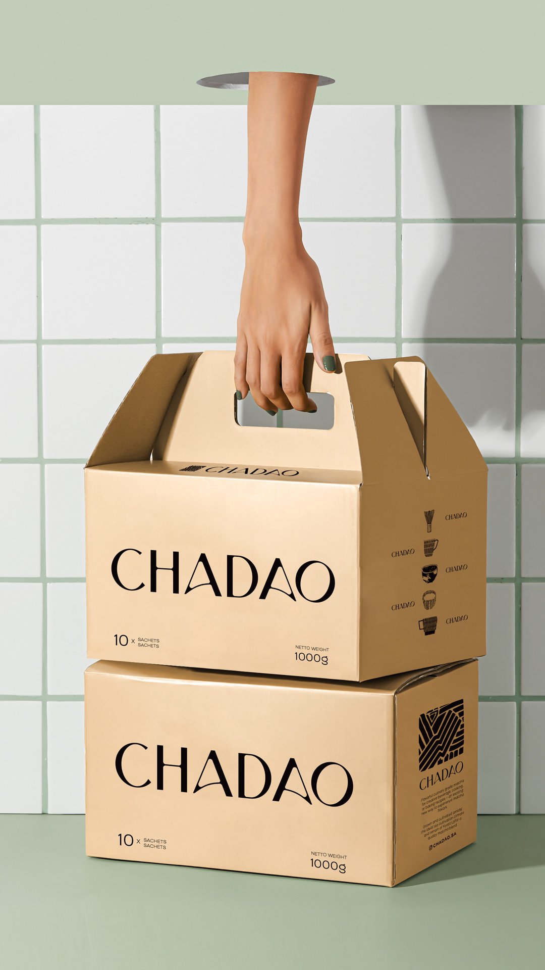 Premium matcha brand packaging presentation for Japanese tea company