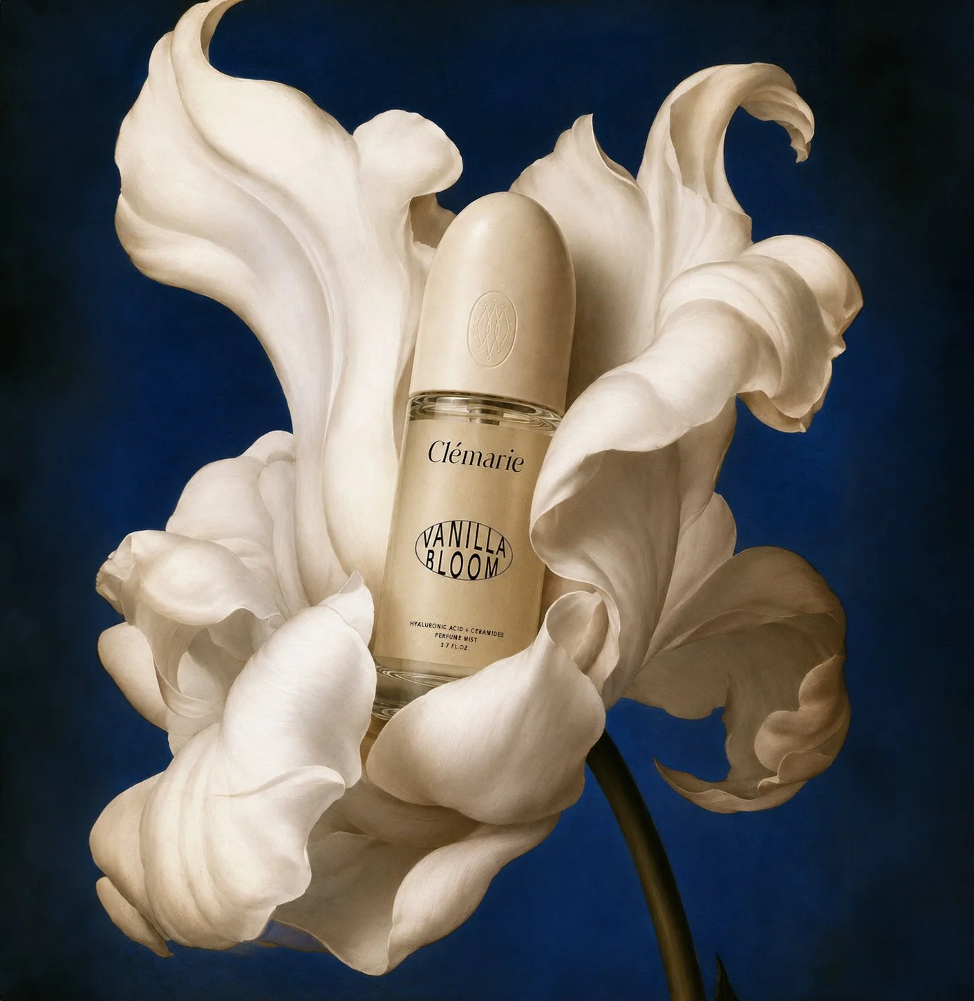 Clémarie beauty bottle placed among soft white flower petals