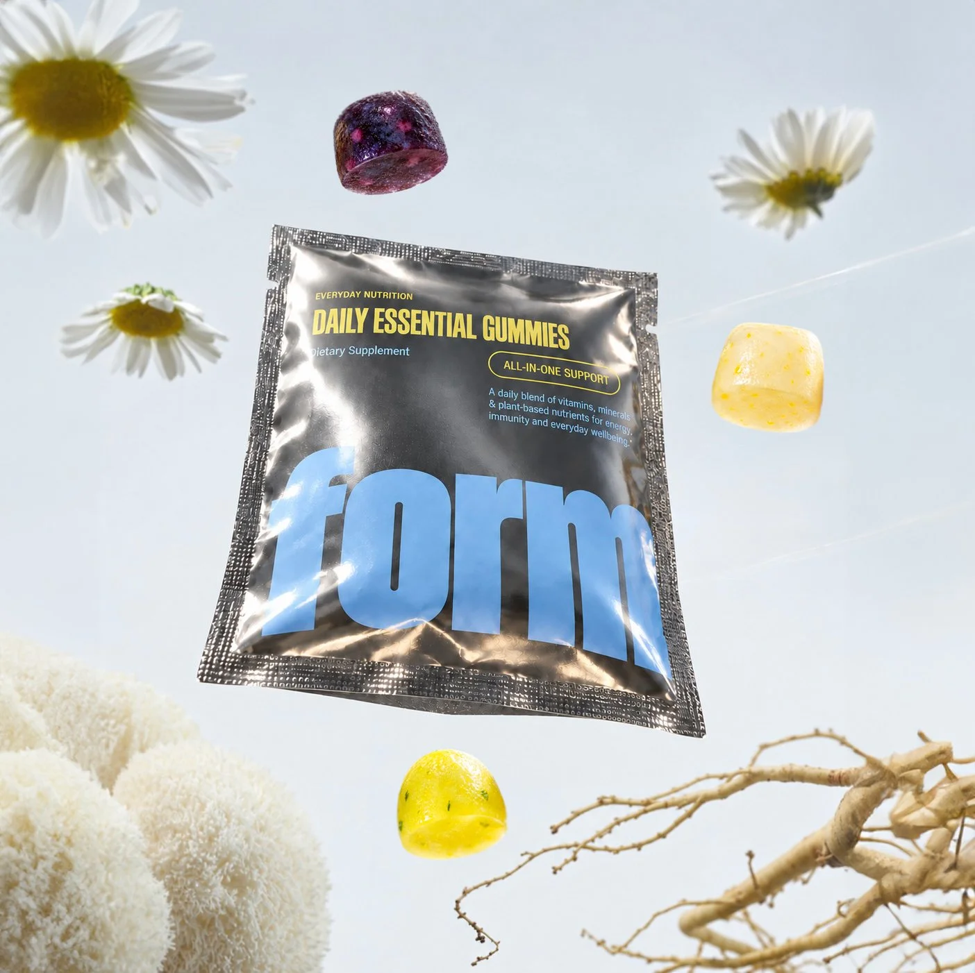 Metallic single-serve supplement sachet packaging for FORM daily gummies