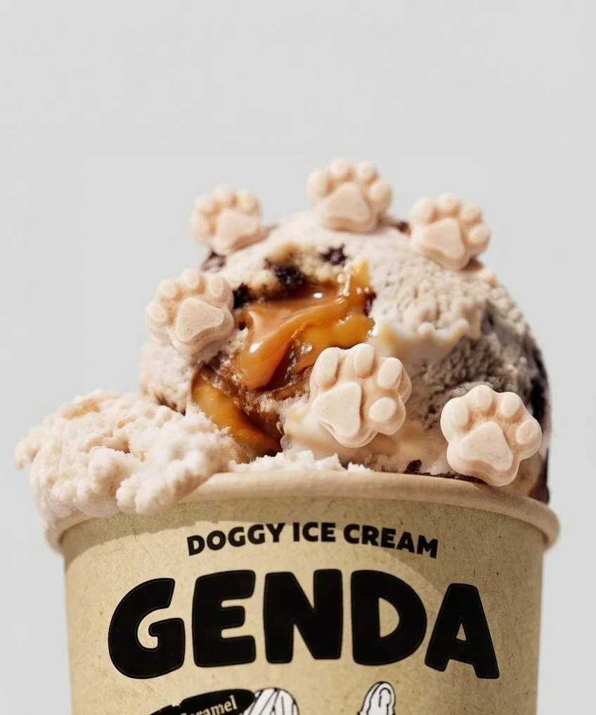 Close-up of a cup of doggy ice cream with caramel, cookies, and paw-shaped treats on top.