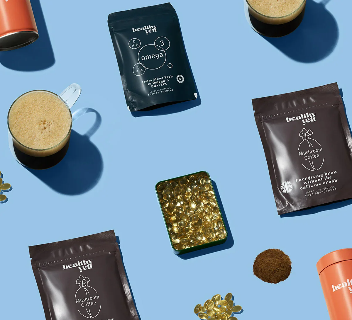 Functional mushroom and omega-3 supplement packaging