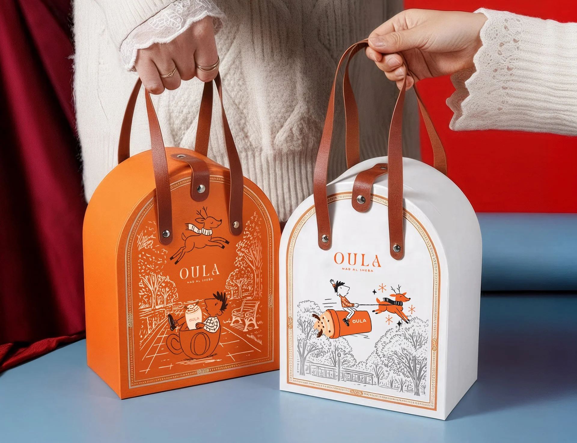 Two holiday gift bags, one orange and one white, with festive illustrations of animals, trees, and holiday scenes, labeled "OULA".