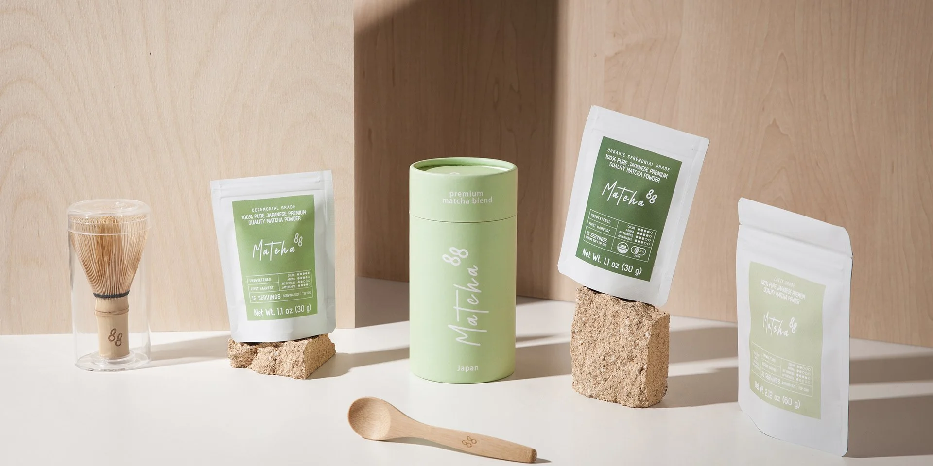 Minimal tea packaging system for premium matcha products