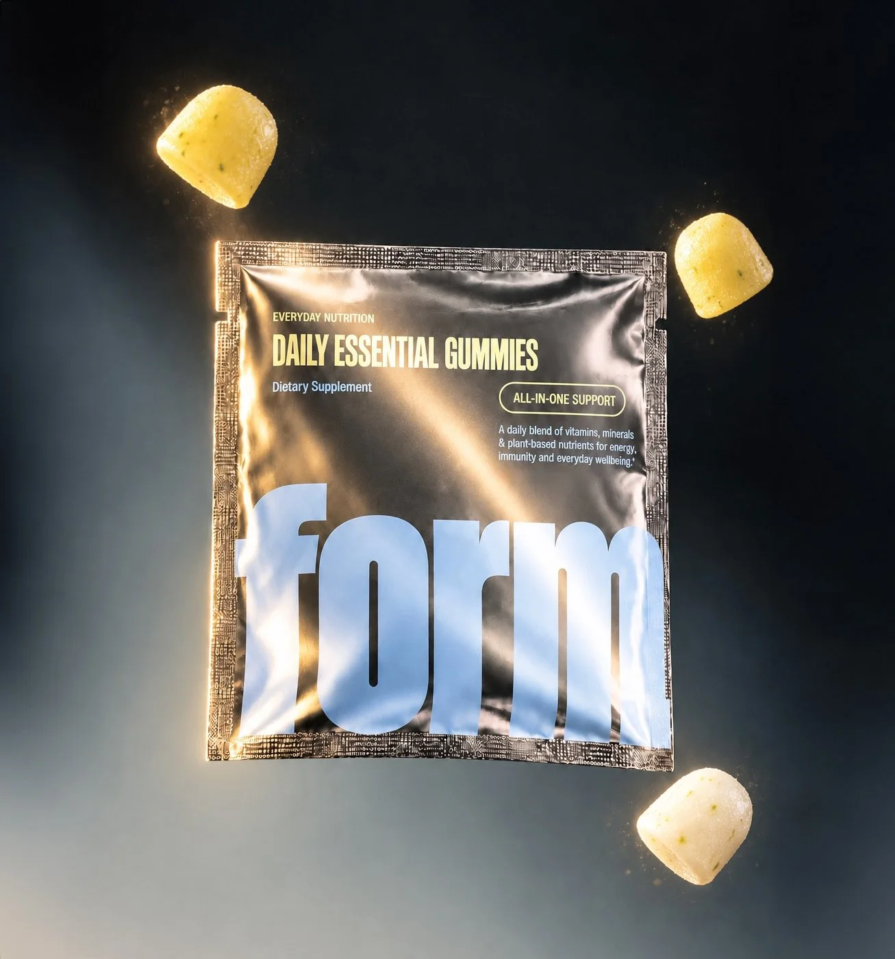 FORM gummy supplement packaging with dramatic launch art direction