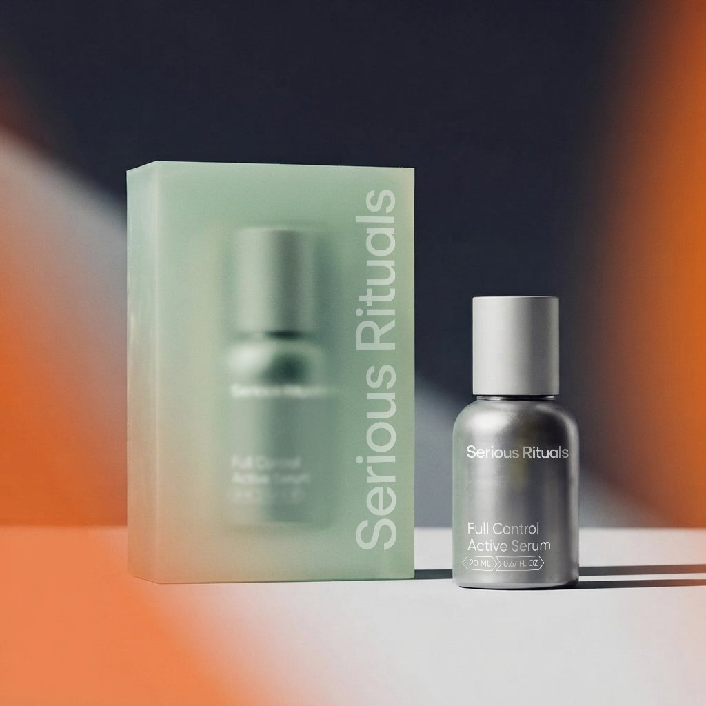 A small bottle of Serious Rituals Full Control Active Serum next to its matching box on a white surface, with colorful light and shadow effects.