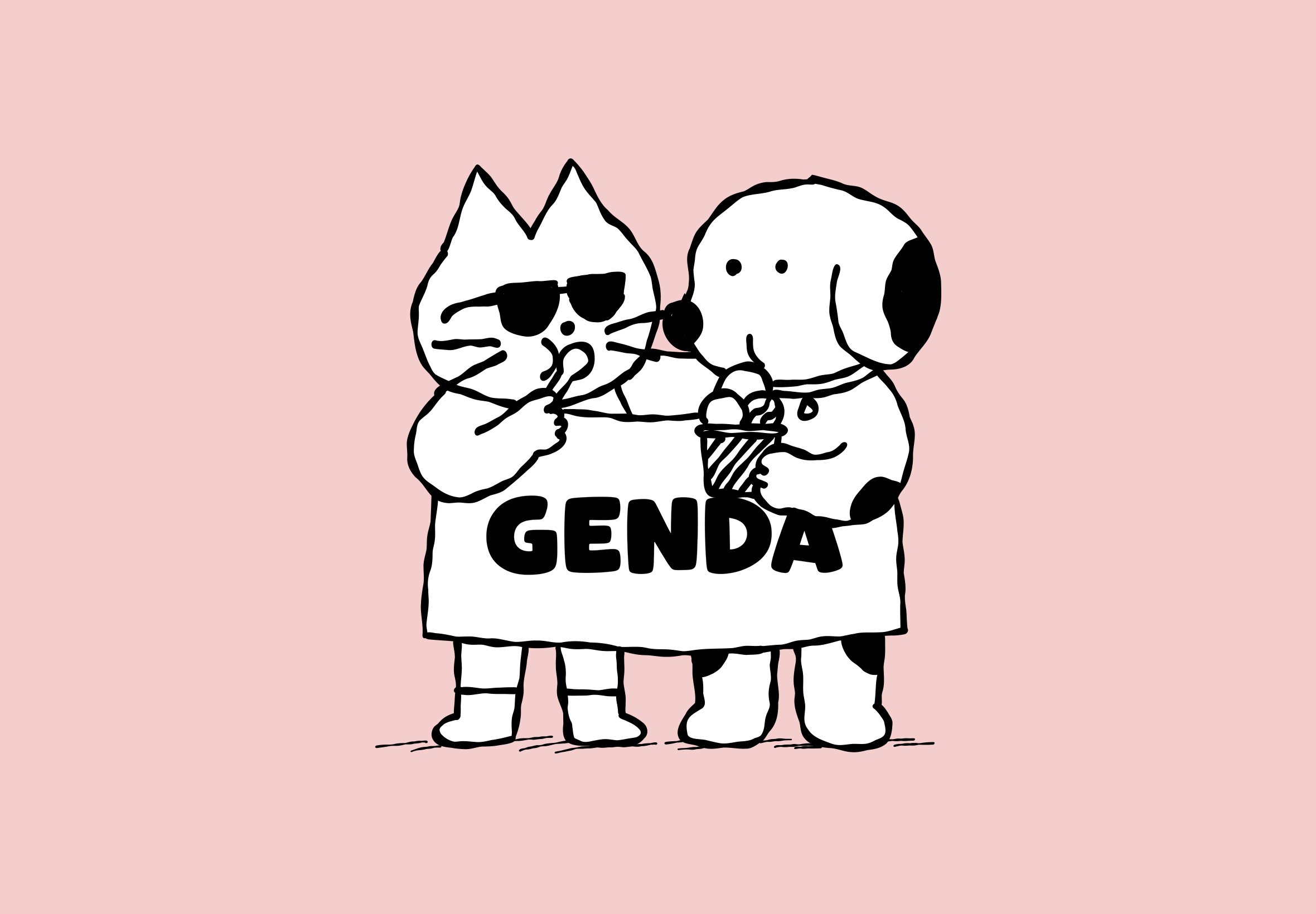 A cartoon drawing of two kids, a girl and a boy, standing side by side on a pink background. The girl is wearing sunglasses and a shirt with the word "GEND" on it, holding a cup of ice cream. The boy is wearing a shirt and holding a scoop of ice cream, both with simple black and white line drawings.