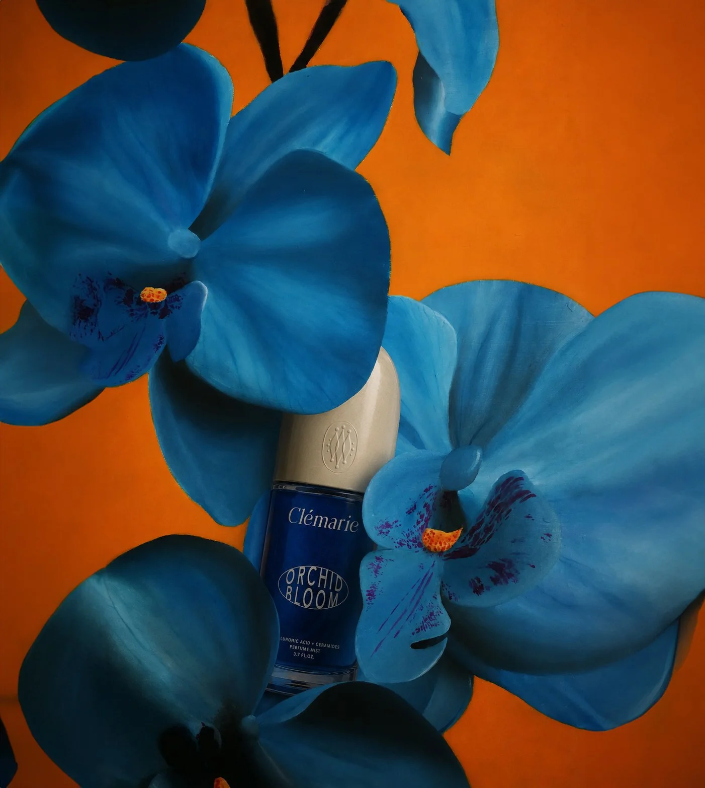 Blue-gloved hands holding a Clémarie bottle against an orange background