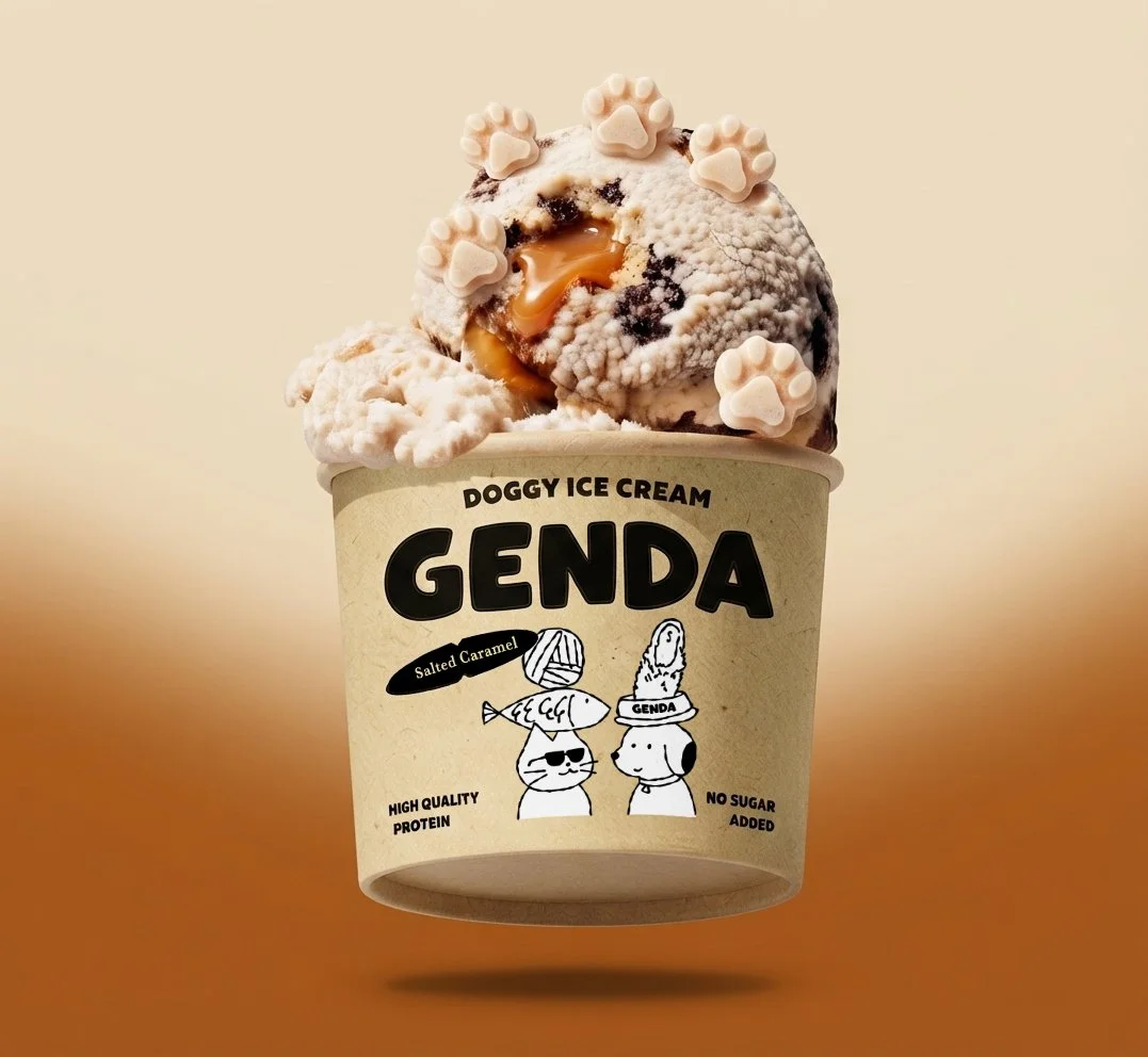 A cup of dog-themed ice cream labeled Genda, with ice cream scoops topped with small paw print-shaped candies, and a label indicating salted caramel flavor and no added sugar.