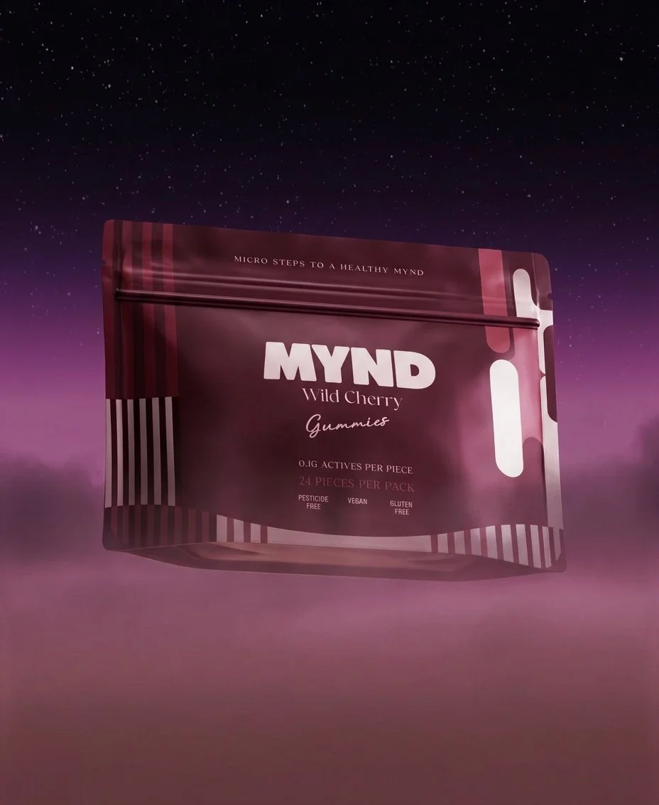Package of MYND Wild Cherry Gummies with details about flavor and health benefits, set against a starry sky background.