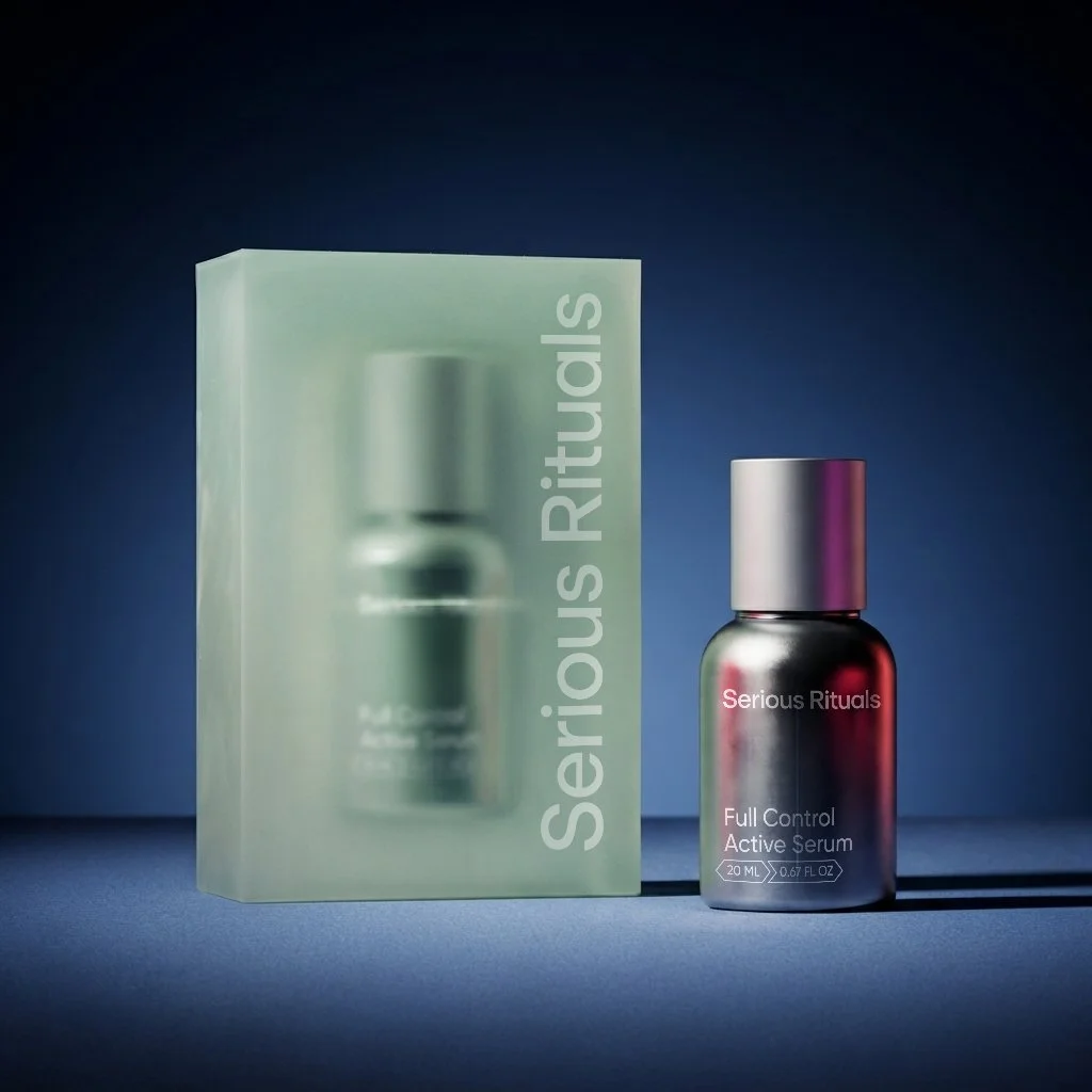 A small black bottle labeled "Serious Rituals Full Control Active Serum" with a silver cap, placed next to a mint green box with the same branding, set against a dark blue background.