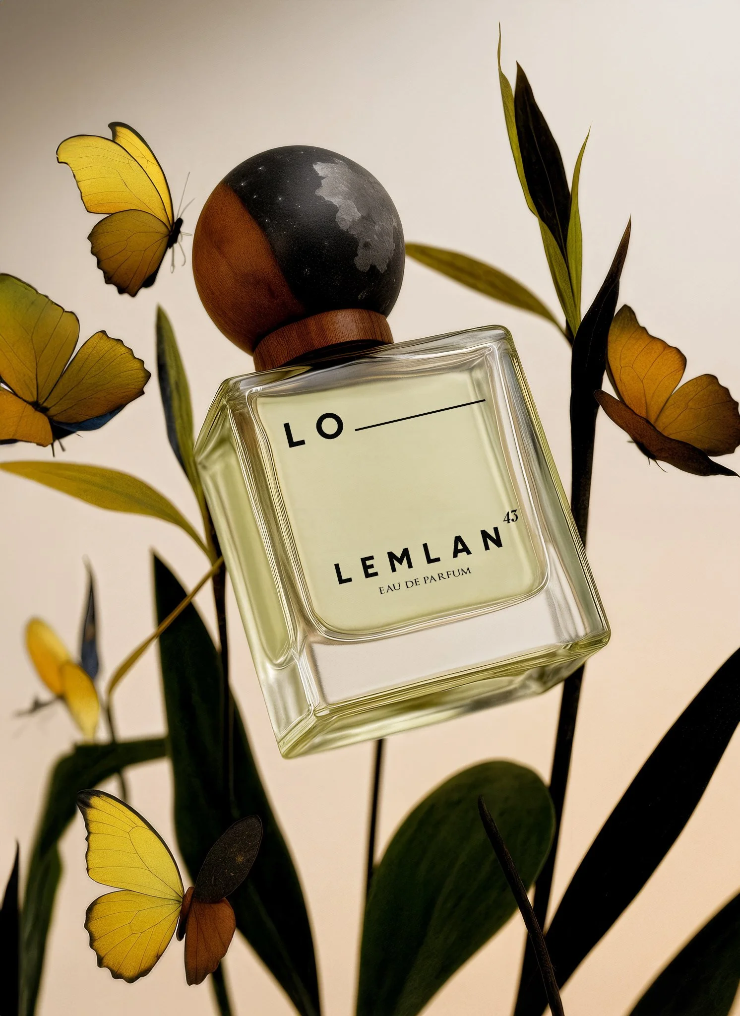 A perfume bottle labeled 'LEMELAN' surrounded by yellow and black butterflies and green leaves