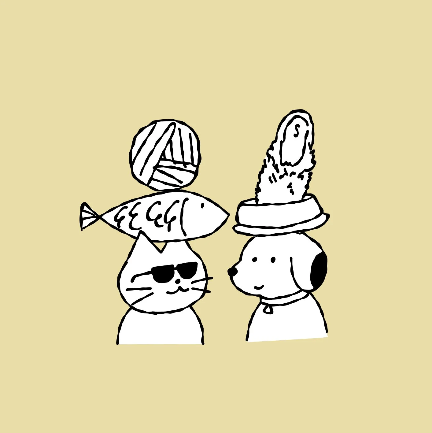 A black and white drawing of a cat wearing sunglasses and a dog with a fish on its head, both on a plain background.