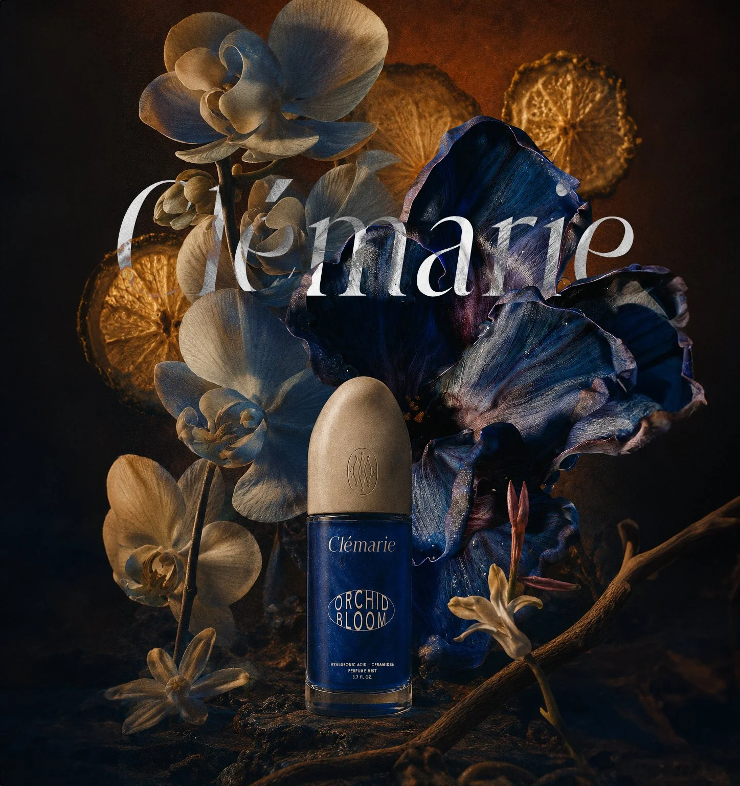 Clémarie Orchid Bloom bottle surrounded by dark blue botanical flowers