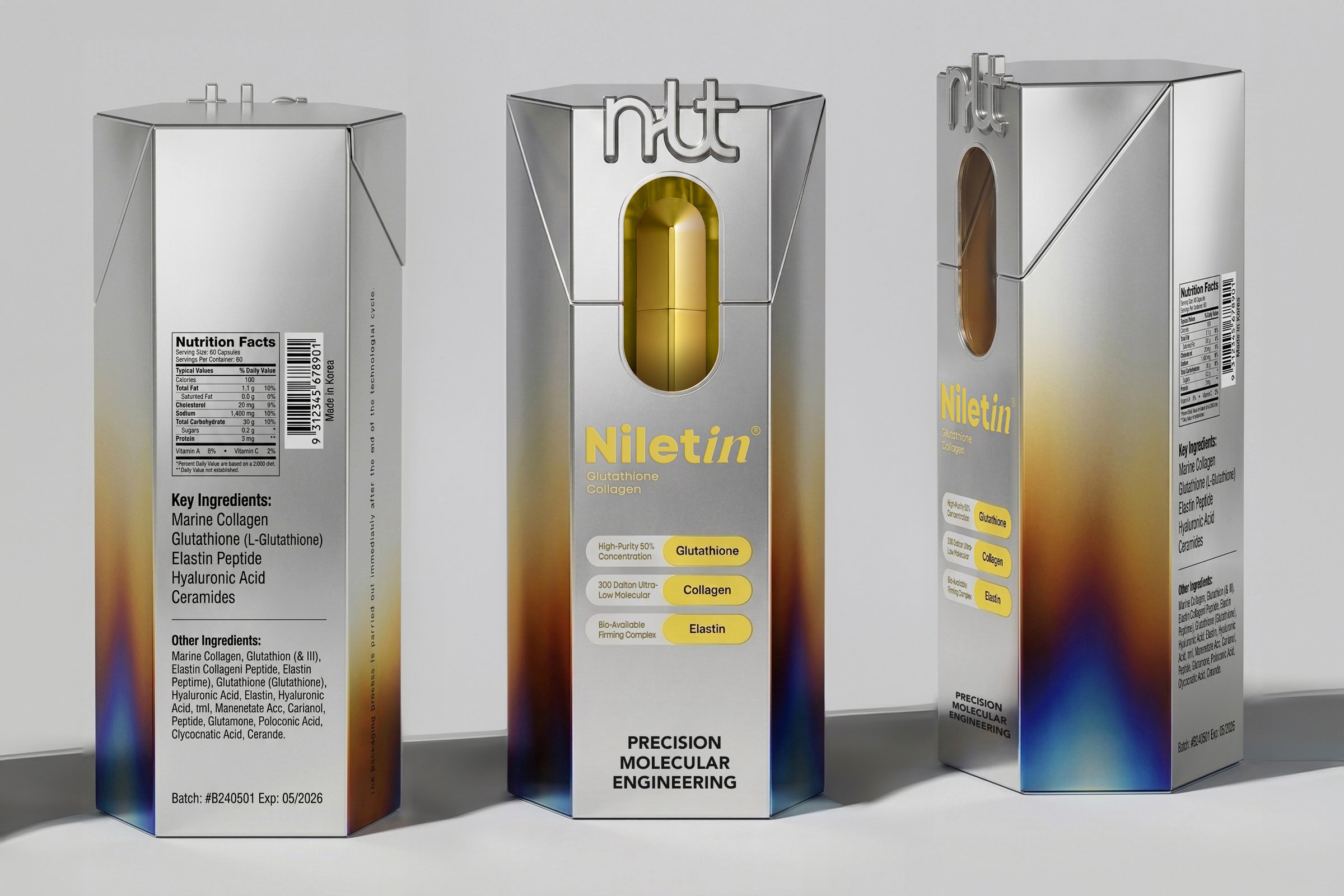 Three silver rectangular boxes of dietary supplements with the brand name Niletin, highlighting key ingredients like Glutathione, Collagen, and Elastin, and emphasizing precision molecular engineering.