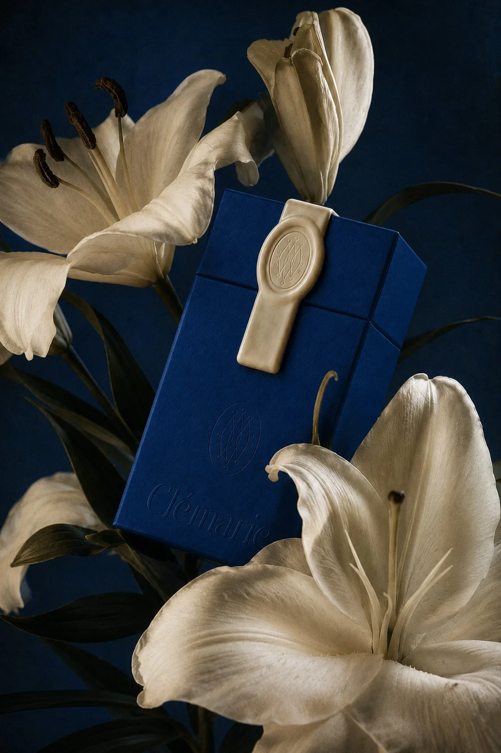 Blue Clémarie packaging boxes arranged among white botanical flowers