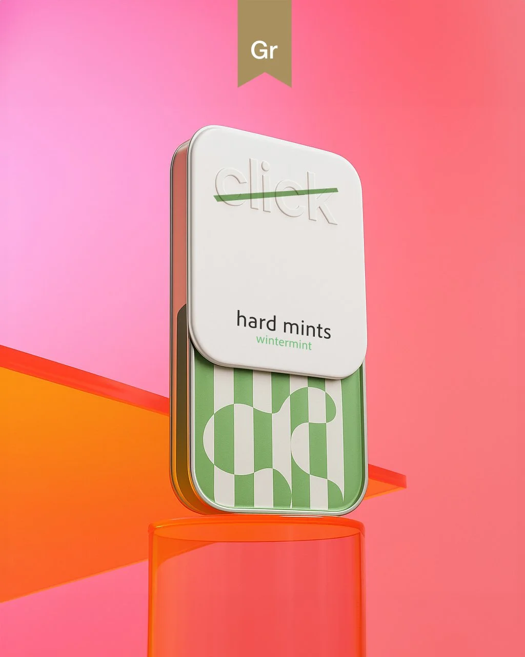 Close-up of embossed Click logo on pocket-sized mint tin