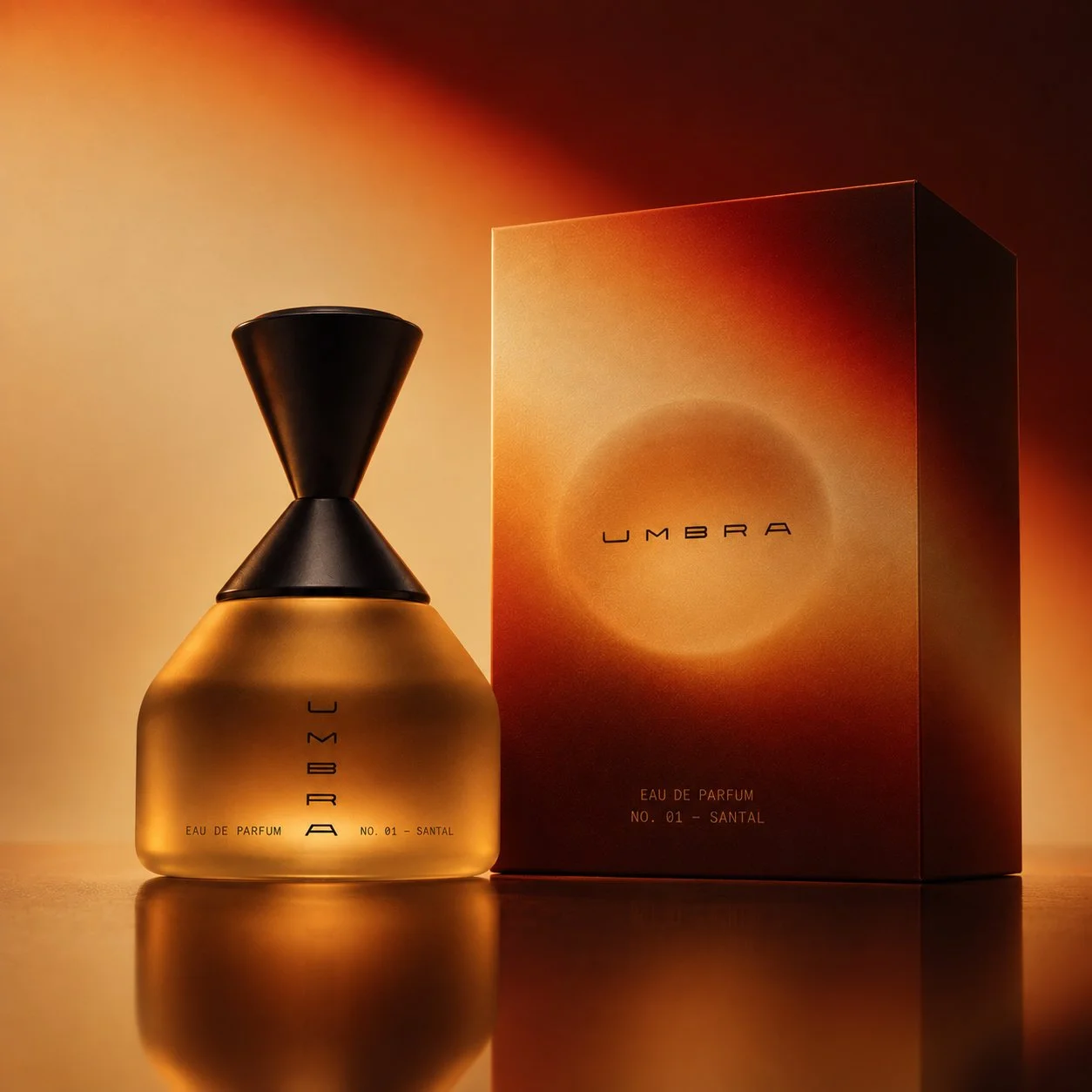 Amber UMBRA perfume bottle and packaging box in cinematic warm light