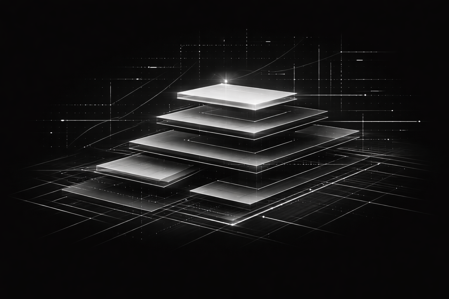 Capital stack structure illustrated with layered financing levels including debt and equity in a geometric stacked formation on a black background