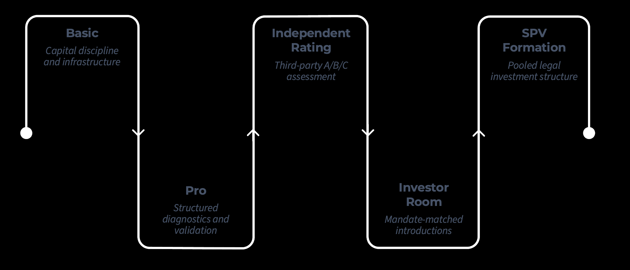 Startup venture capital fundraising process flow showing stages including Basic capital infrastructure, Pro diagnostics, independent startup rating, investor room introductions and SPV formation.