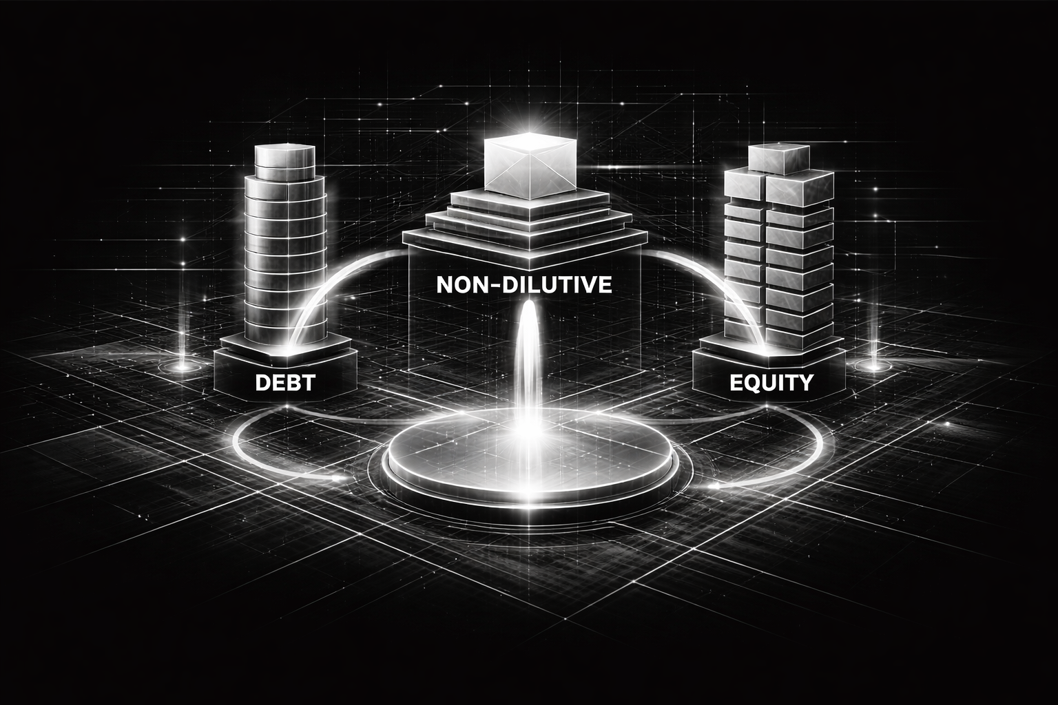 Structured capital for startups illustrated through debt, non-dilutive funding, and capital strategy pathways in a geometric monochrome financing system on a black background