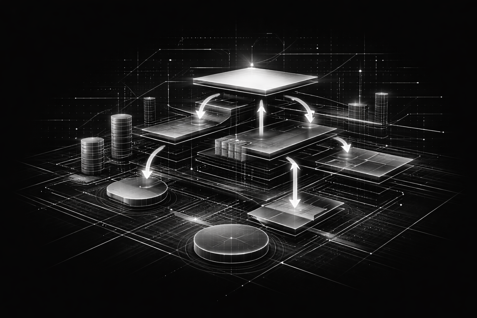 Capital execution process illustrated with interconnected financing layers, capital flow pathways, and structured fundraising stages in a geometric system on a black background