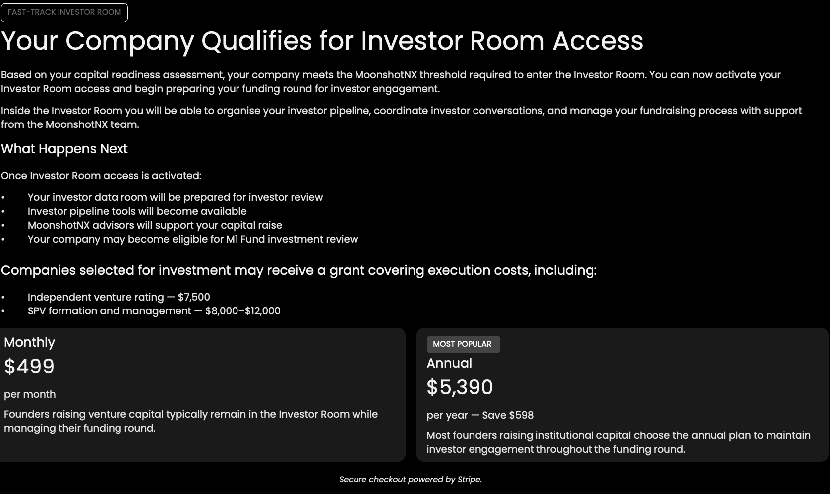 MoonshotNX Fast Track Investor Room access page showing pricing for investor ready startups with monthly price of 499 dollars and annual price of 5390 dollars.