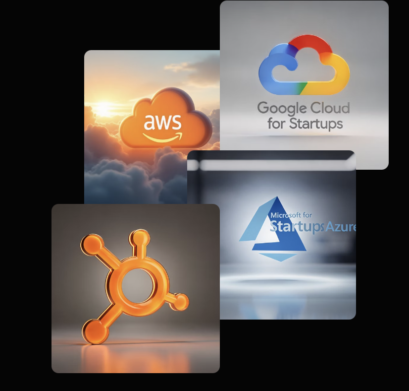 Startup ecosystem infrastructure partners including AWS Activate, Google Cloud for Startups, Microsoft Azure for Startups and HubSpot programs available through MoonshotNX founder platform.