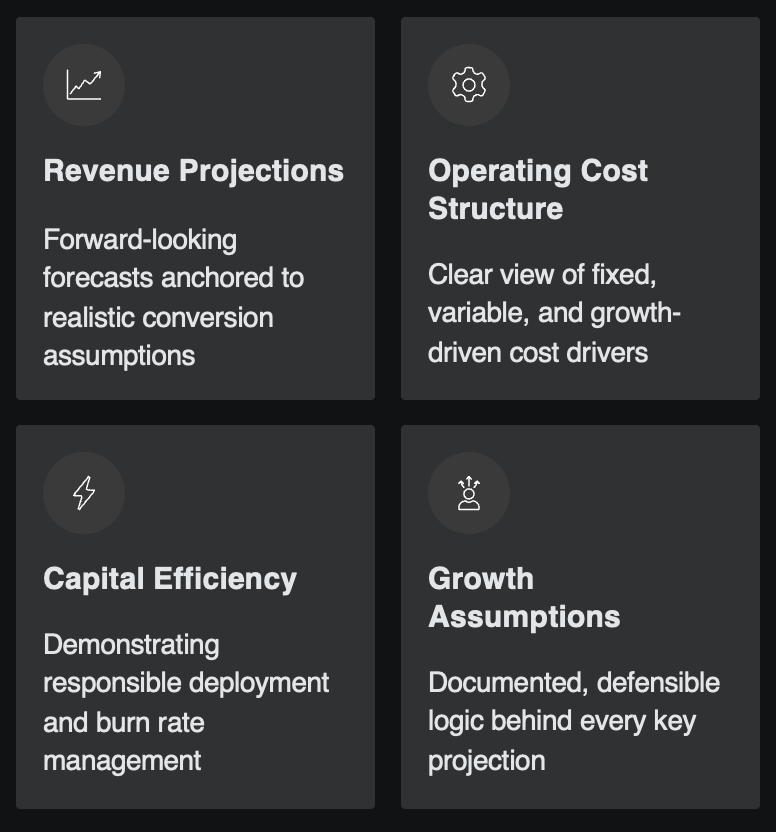 Startup financial model framework showing revenue projections, operating cost structure, capital efficiency, and growth assumptions used in venture capital fundraising preparation.