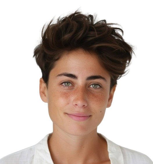 Close-up of a young woman with short, wavy brown hair, blue eyes, and light freckles, smiling at the camera.