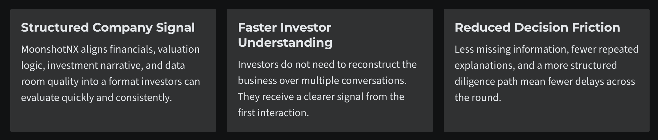 MoonshotNX structured fundraising system showing how financials valuation and investor materials reduce friction and improve investor decision speed