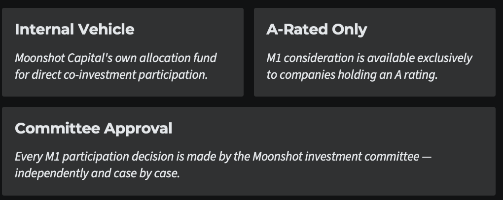 Venture capital co-investment allocation framework showing internal investment vehicle, A rated startup eligibility and independent investment committee approval process.
