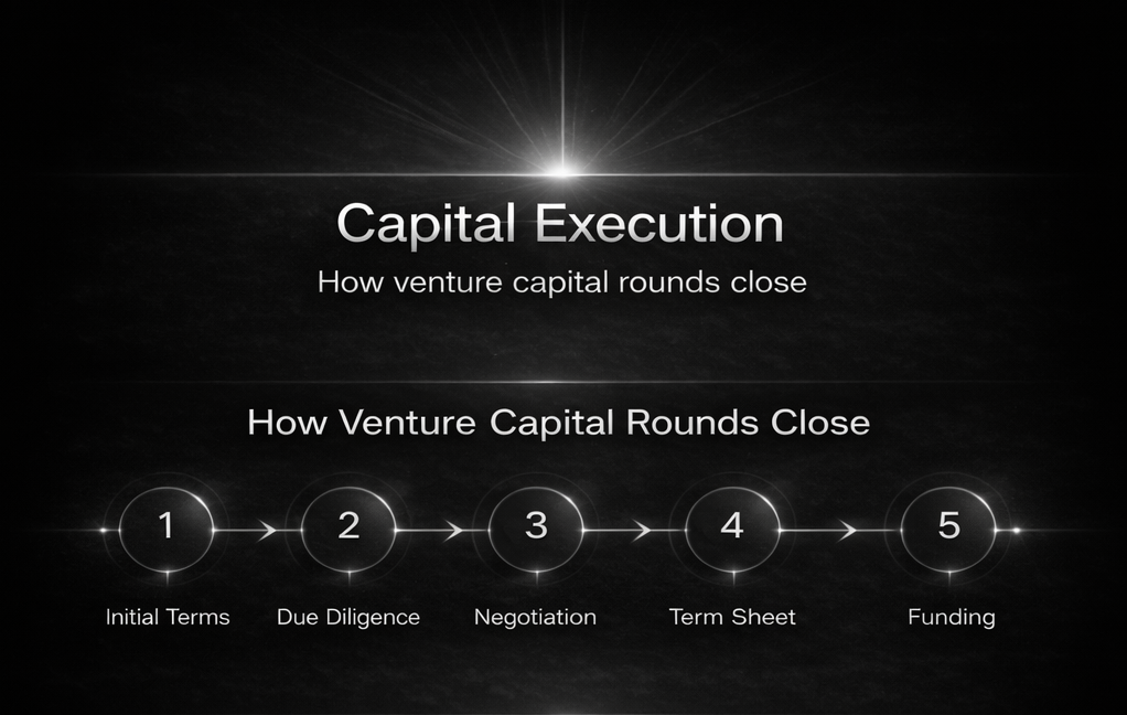 Venture capital round closing process showing five steps: initial terms, due diligence, negotiation, term sheet, and funding in institutional startup fundraising.