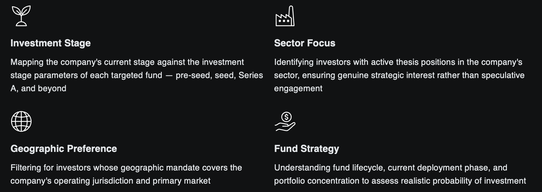 Startup venture capital investor targeting framework showing investment stage alignment, sector focus, geographic preference, and venture fund strategy analysis.