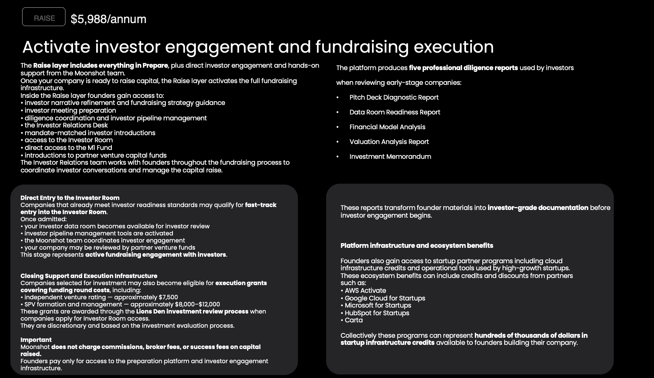 MoonshotNX Raise layer startup fundraising platform showing investor engagement infrastructure, investor room access, diligence reports, and venture capital fundraising support for founders