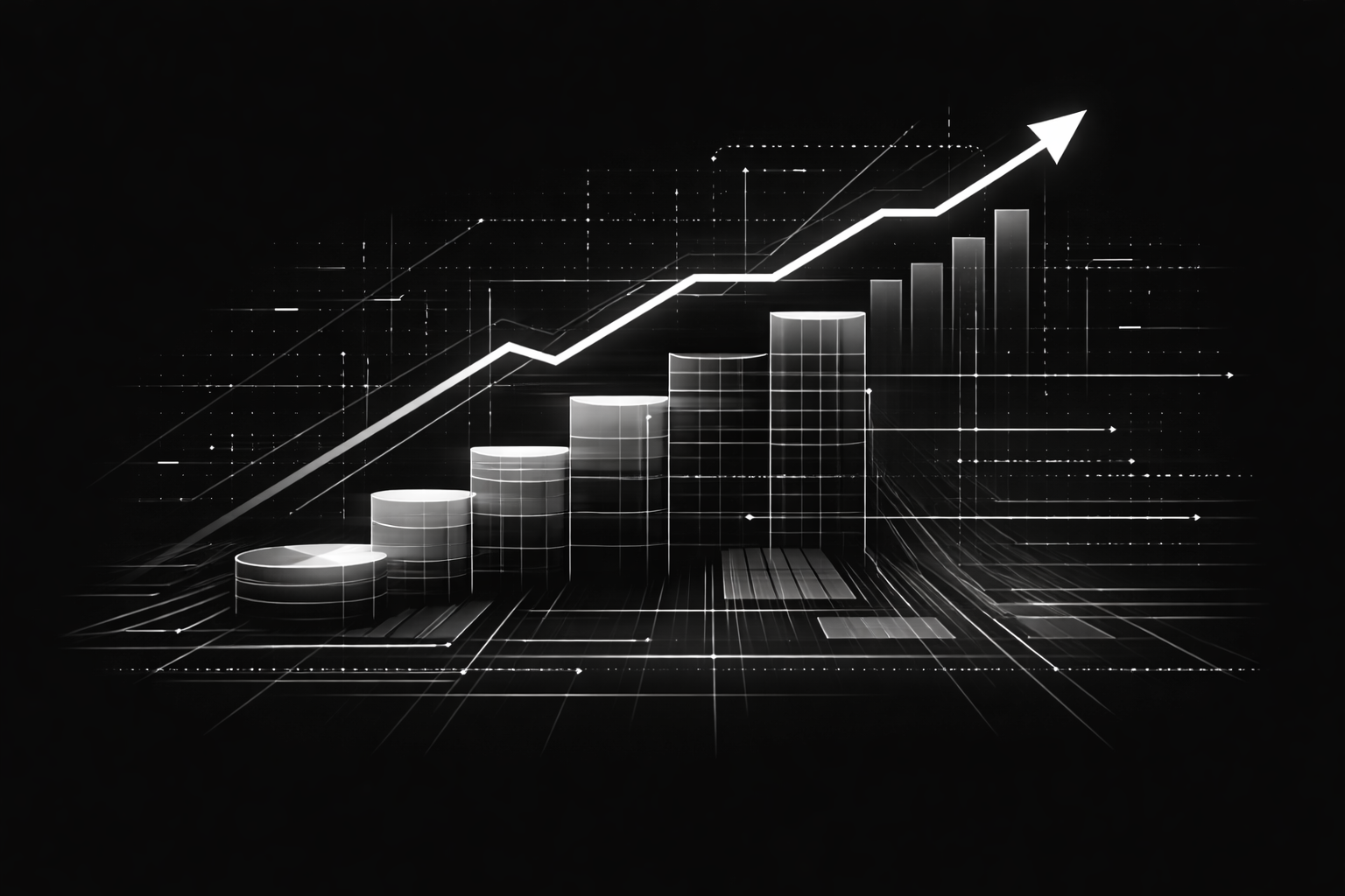 Venture debt structure illustrated with geometric financial elements including capital stacks, growth trajectory, and startup financing layers on a black background