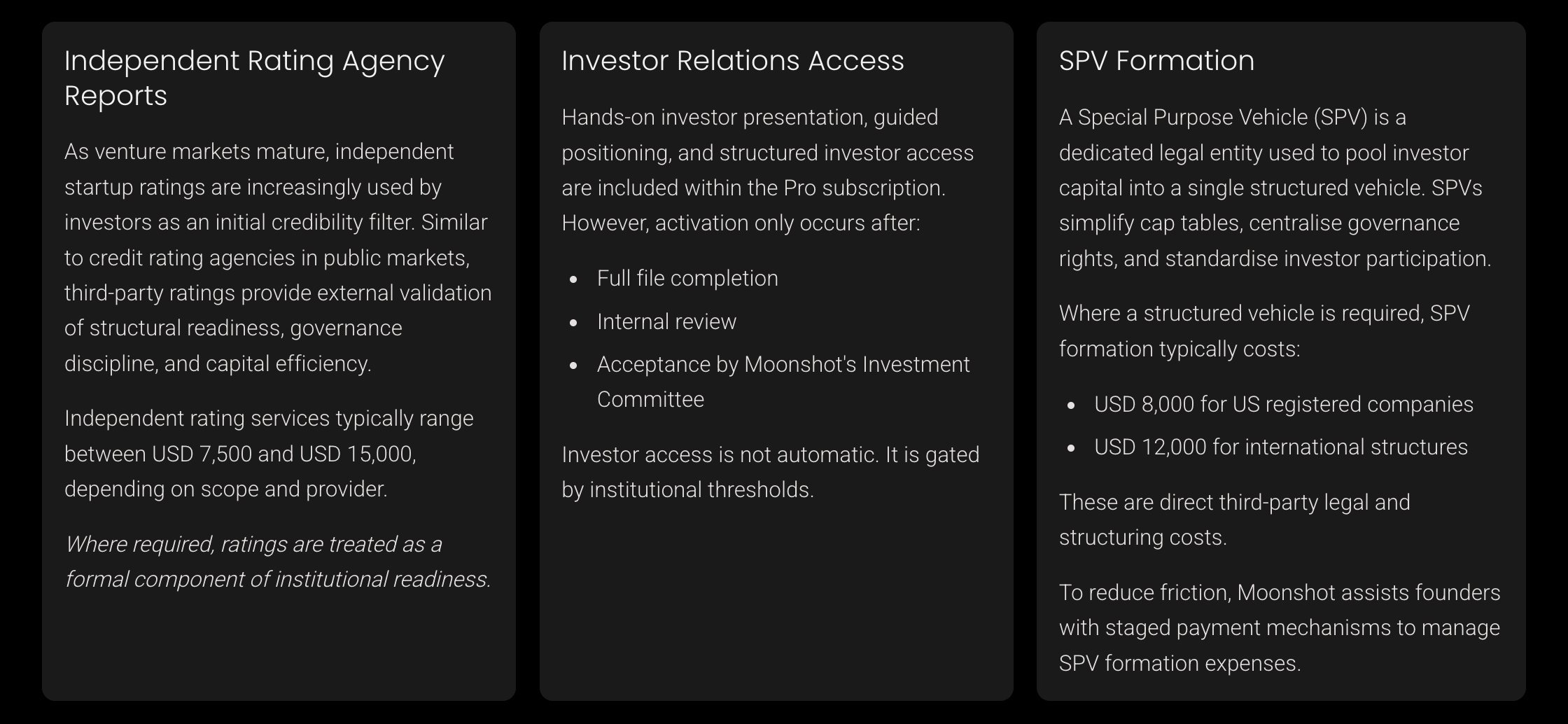 Institutional venture capital infrastructure showing independent startup ratings, investor relations access, and SPV formation used in professional venture funding.