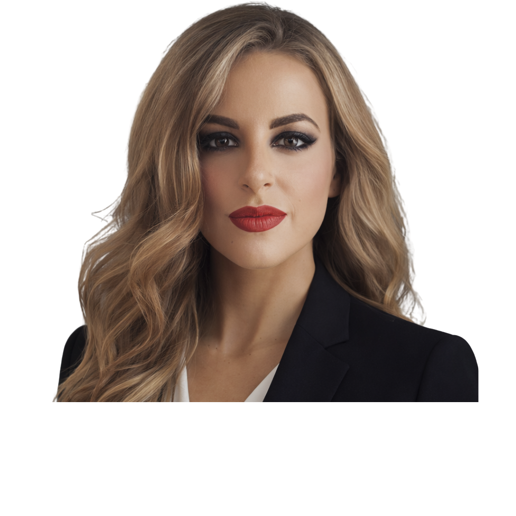 A woman with long blonde wavy hair, red lipstick, and dark eye makeup wearing a black blazer.