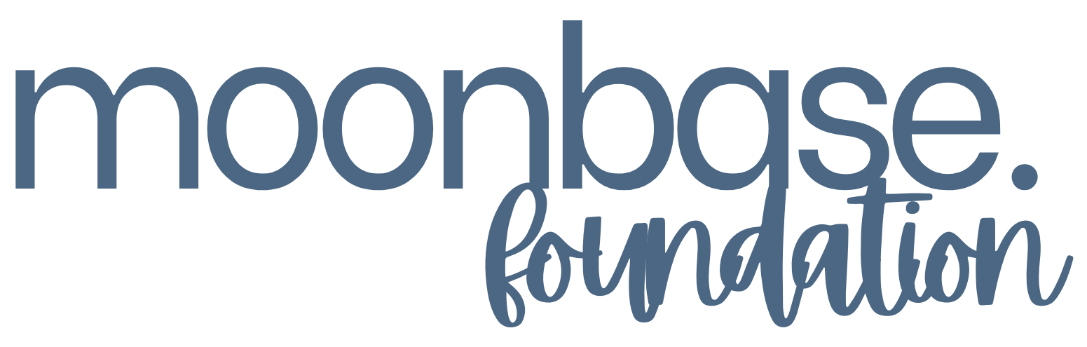 Stylized logo with the words "moonbase foundation" in blue text.