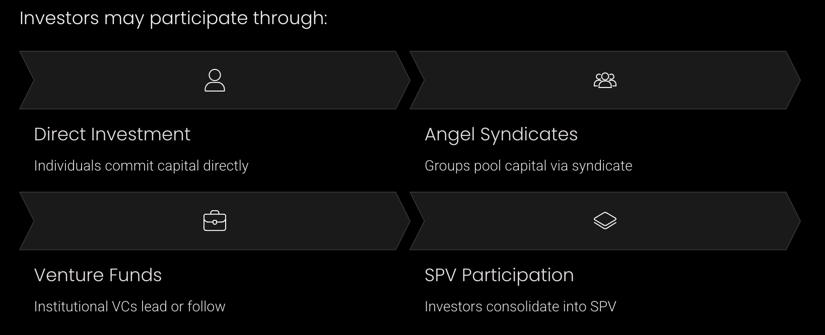 Startup investor participation structures including direct investment, angel syndicates, venture capital funds, and SPV participation in funding rounds.