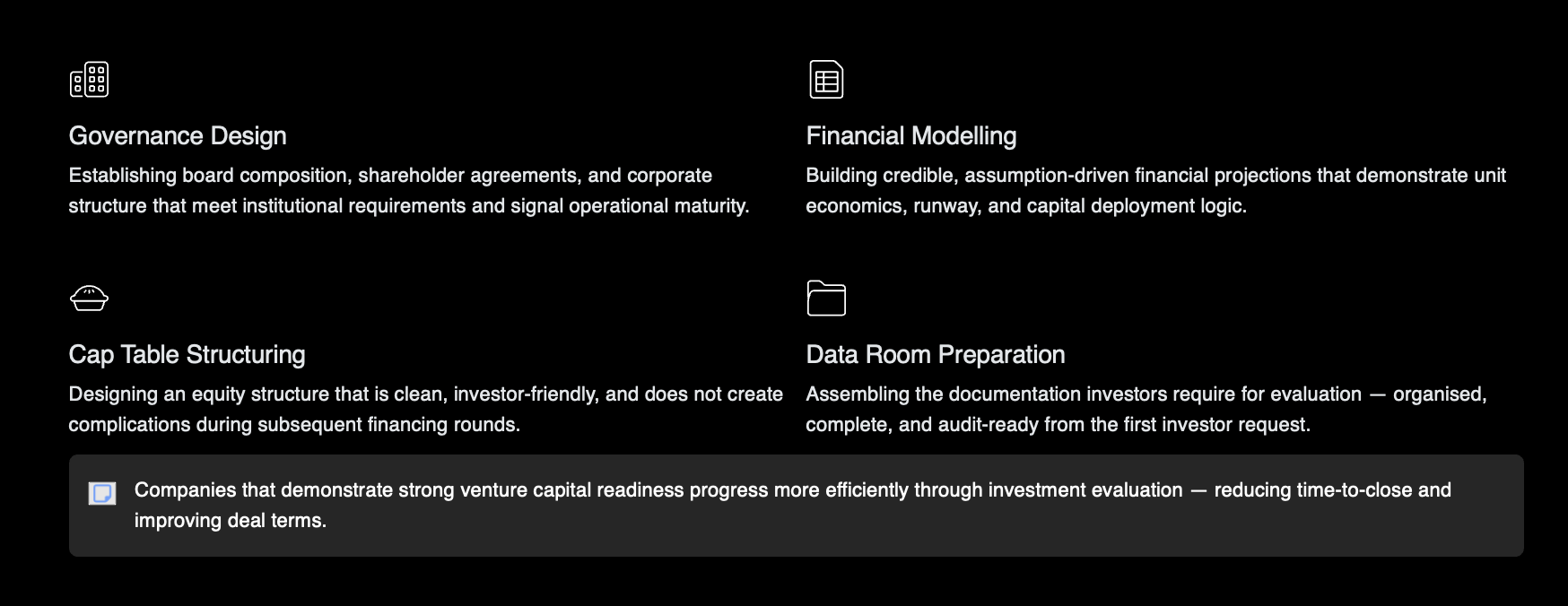 Startup venture capital readiness components including governance design, financial modelling, cap table structuring and investor data room preparation for fundraising.