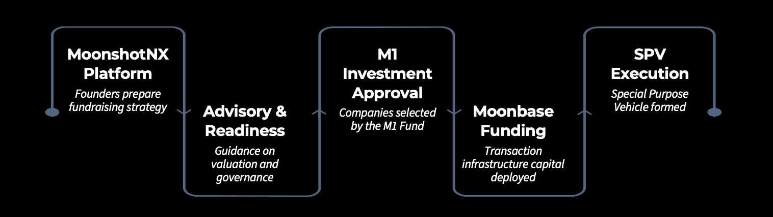 Flowchart illustrating the process of MoonshotNX platform, M1 investment approval, and SPV execution, with guidance on valuation, governance, and infrastructure capital.