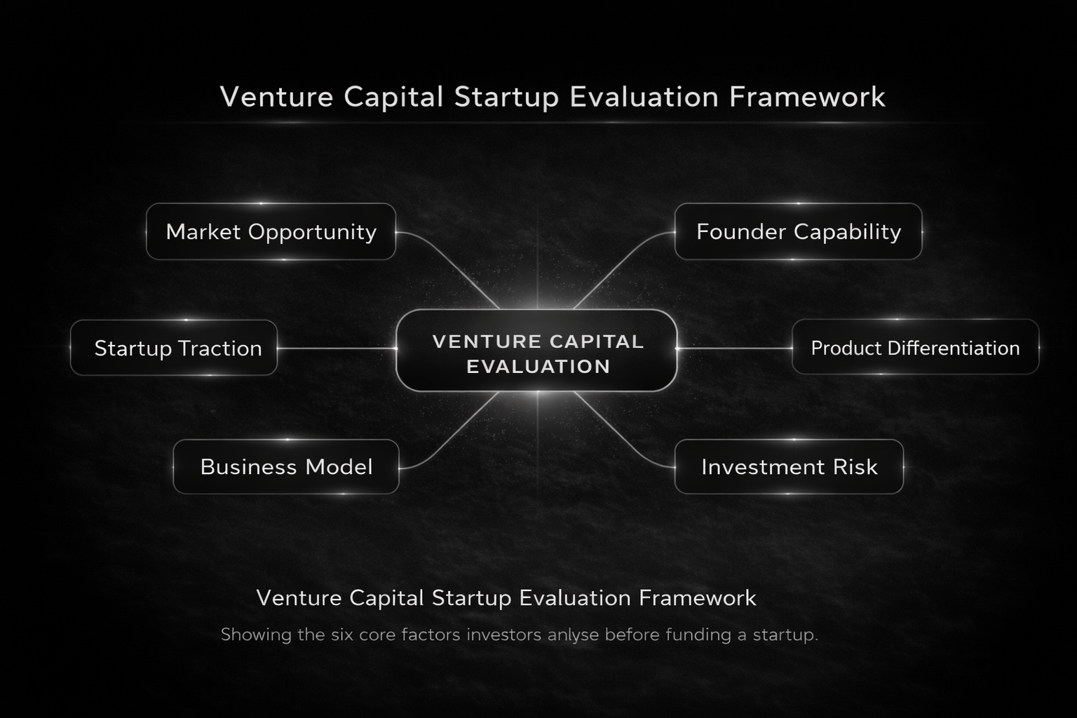 Venture capital startup evaluation framework diagram showing how investors analyse market opportunity, founder capability, product differentiation, traction, business model, and investment risk.