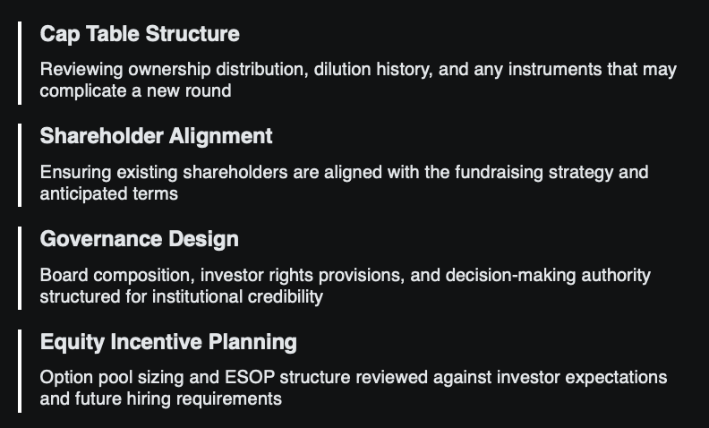 Startup cap table and governance framework showing ownership structure, shareholder alignment, governance design, and equity incentive planning for venture capital readiness.