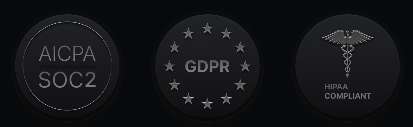 Icons indicating compliance: AICPA SOC2, GDPR, and HIPAA.